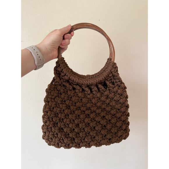 Macrame Purse Brown Handmade Handbag Lined Vtg 70's Circular Teak Handles - Picture 1 of 4